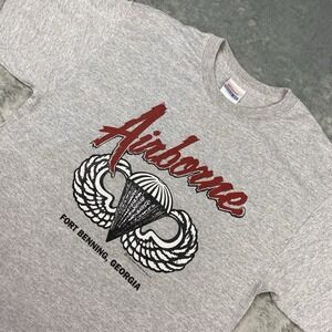 Vtg Airborne Fort Benning Georgia Shirt‎ Mens M Grey Graphic Military Army 90s